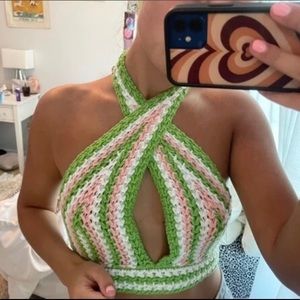 Striped Crochet Halter Knit Crop Top Trendy